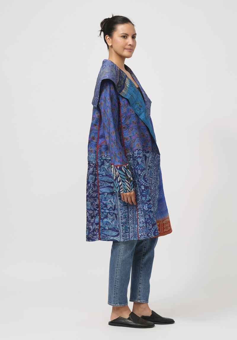 Mieko Mintz Vintage Silk Kantha Long A-Line Jacket in Navy Blue & Turquoise	