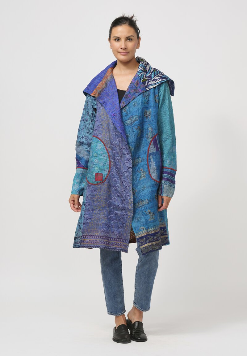 Mieko Mintz Vintage Silk Kantha Long A-Line Jacket in Navy Blue & Turquoise	