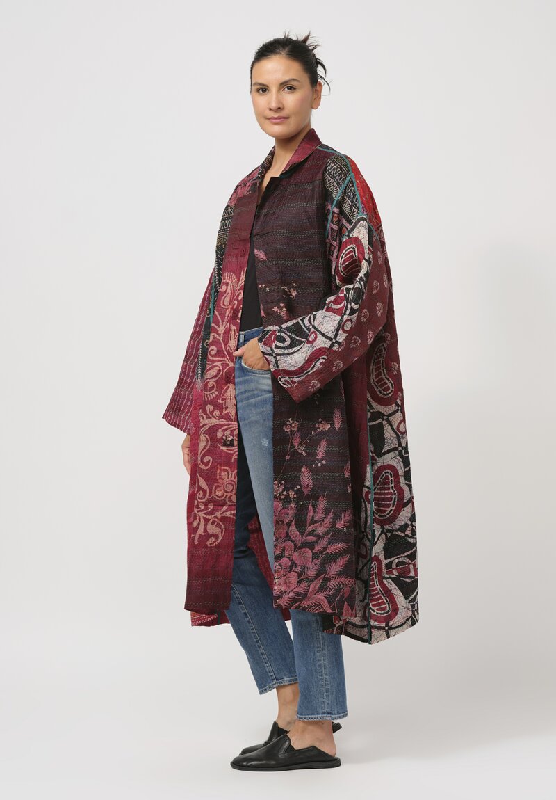 Mieko Mintz Vintage Silk Kantha Oversized Coat in Maroon & Orange	