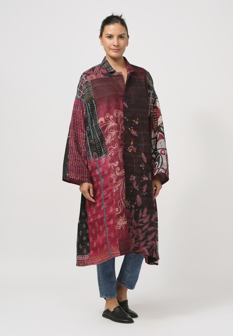 Mieko Mintz Vintage Silk Kantha Oversized Coat in Maroon & Orange	