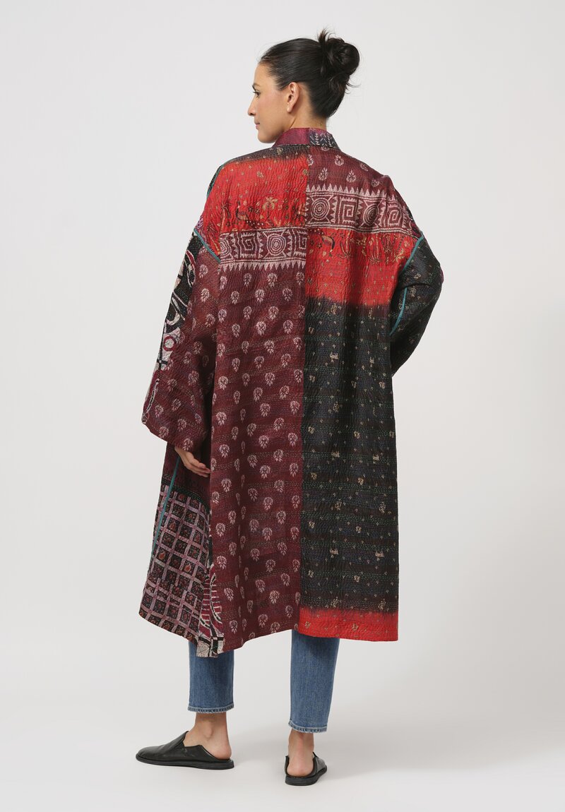 Mieko Mintz Vintage Silk Kantha Oversized Coat in Maroon & Orange	