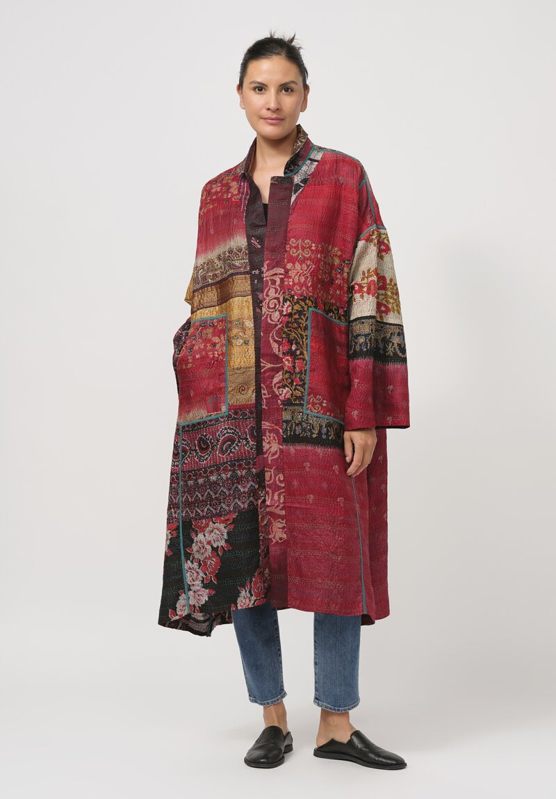 Mieko Mintz Vintage Silk Kantha Oversized Coat in Maroon & Orange	