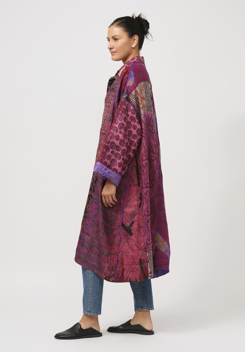 Mieko Mintz Vintage Silk Kantha Oversized Coat in Multi Pattern Peach & Gold	