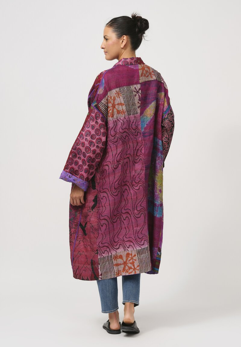 Mieko Mintz Vintage Silk Kantha Oversized Coat in Multi Pattern Peach & Gold	