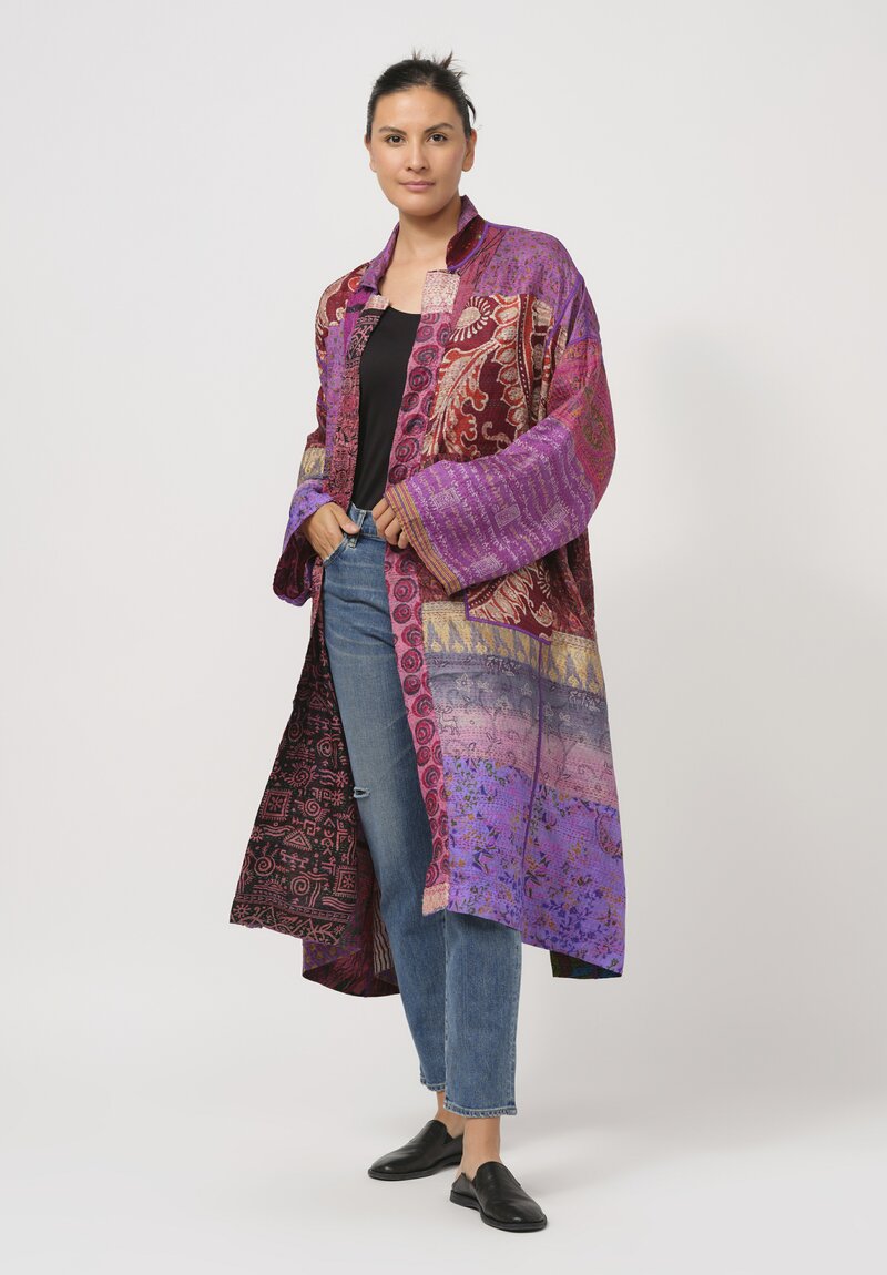 Mieko Mintz Vintage Silk Kantha Oversized Coat in Multi Pattern Peach & Gold	