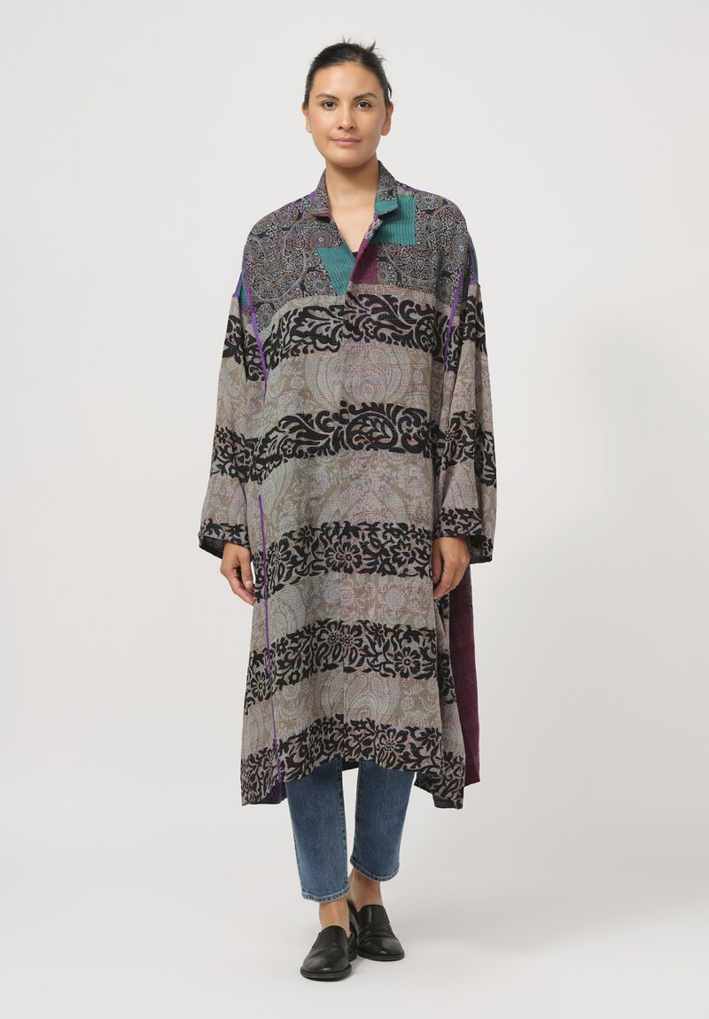 Mieko Mintz Vintage Silk Georgette Kantha Oversized Coat in Turquoise Green & Black	