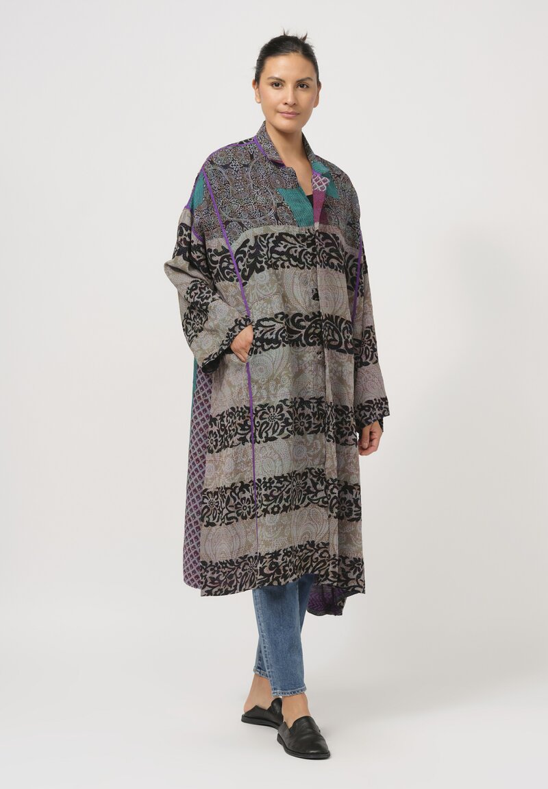 Mieko Mintz Vintage Silk Georgette Kantha Oversized Coat in Turquoise Green & Black	