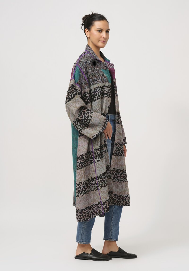 Mieko Mintz Vintage Silk Georgette Kantha Oversized Coat in Turquoise Green & Black	