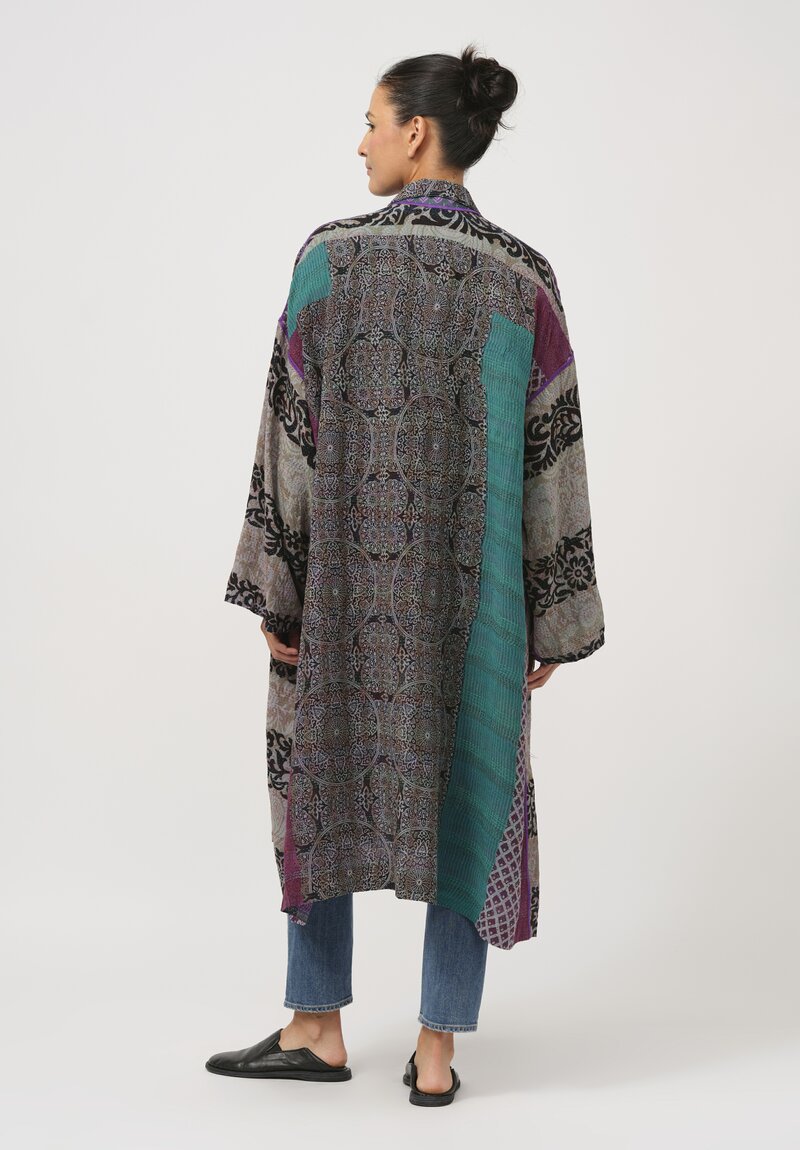 Mieko Mintz Vintage Silk Georgette Kantha Oversized Coat in Turquoise Green & Black	