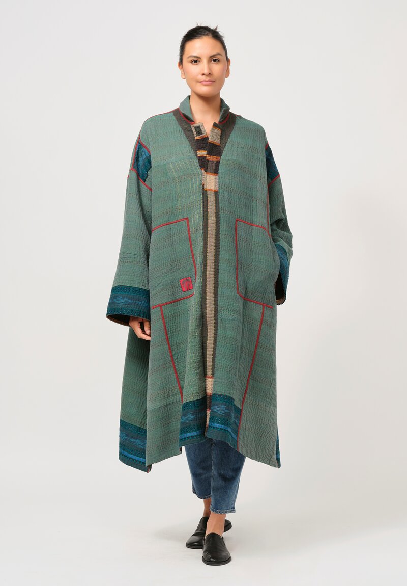 Mieko Mintz Vintage Cotton Kantha Oversized Coat in Green & Cream	