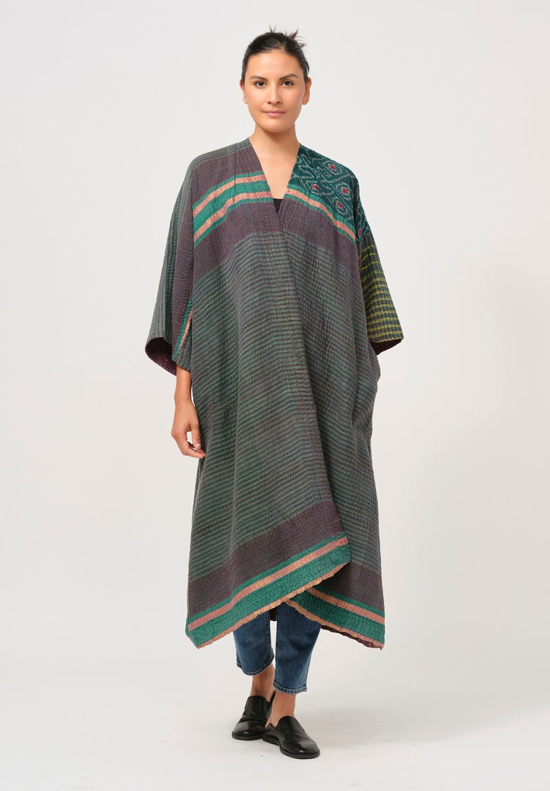 Mieko Mintz Vintage Cotton Kantha Kimono Coat in Forest Green & Purple	