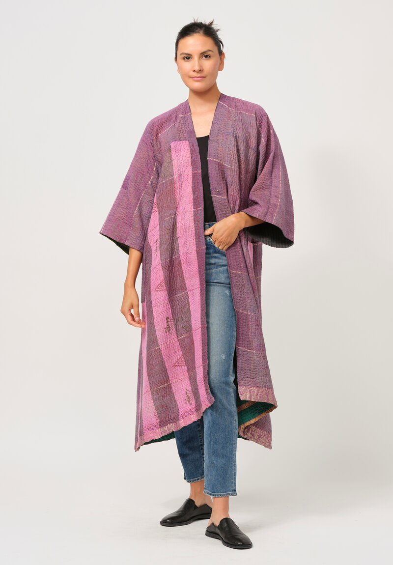 Mieko Mintz Vintage Cotton Kantha Kimono Coat in Forest Green & Purple	