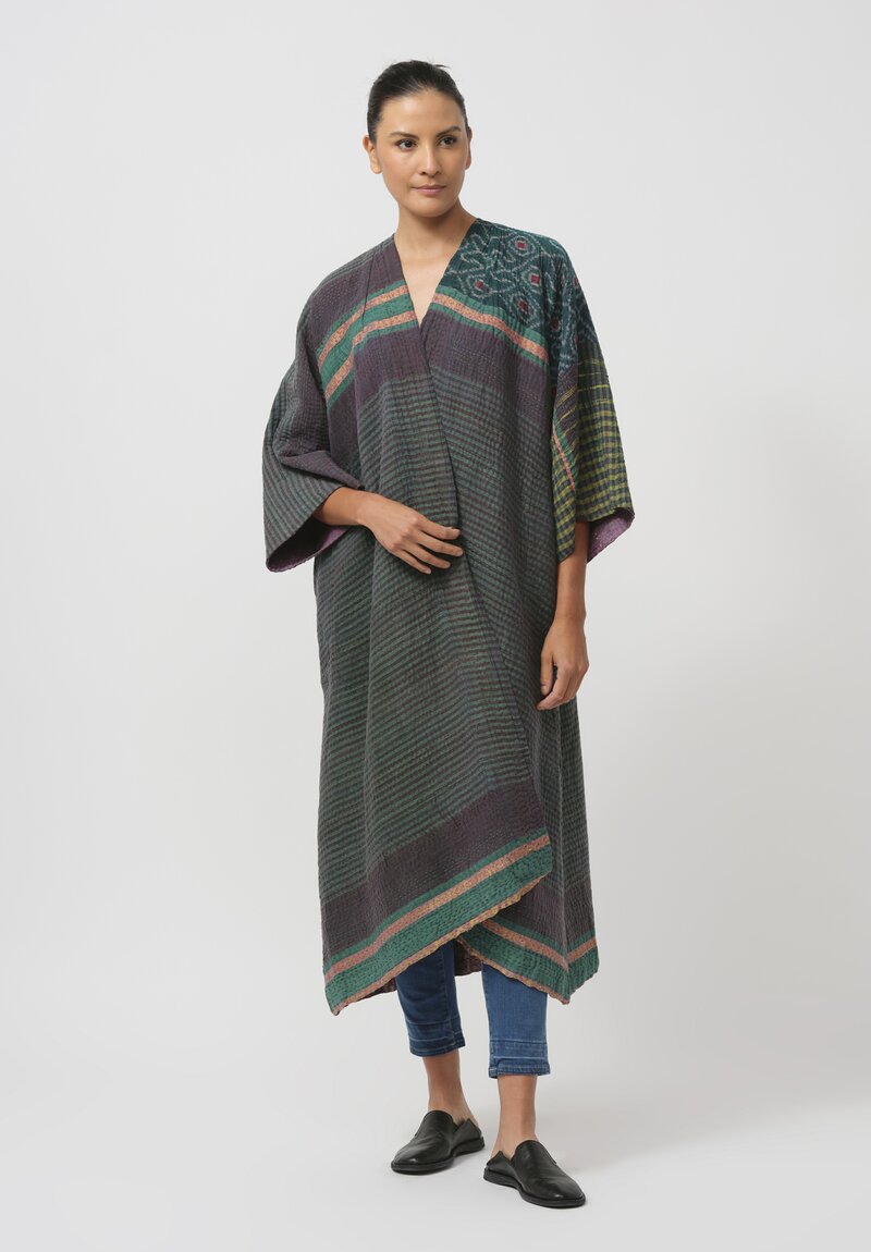 Mieko Mintz Vintage Cotton Kantha Kimono Coat in Forest Green & Purple	