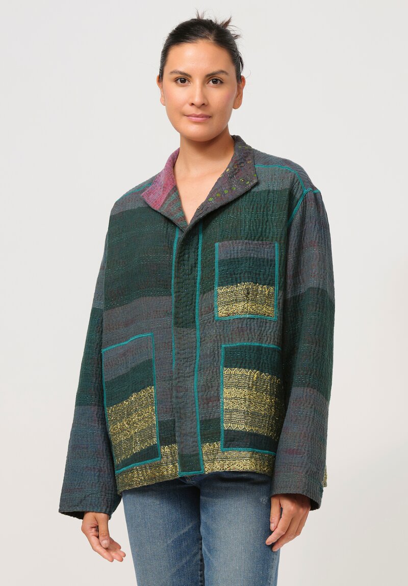 Mieko Mintz Vintage Cotton Kantha Jacket in Turquoise & Gold	