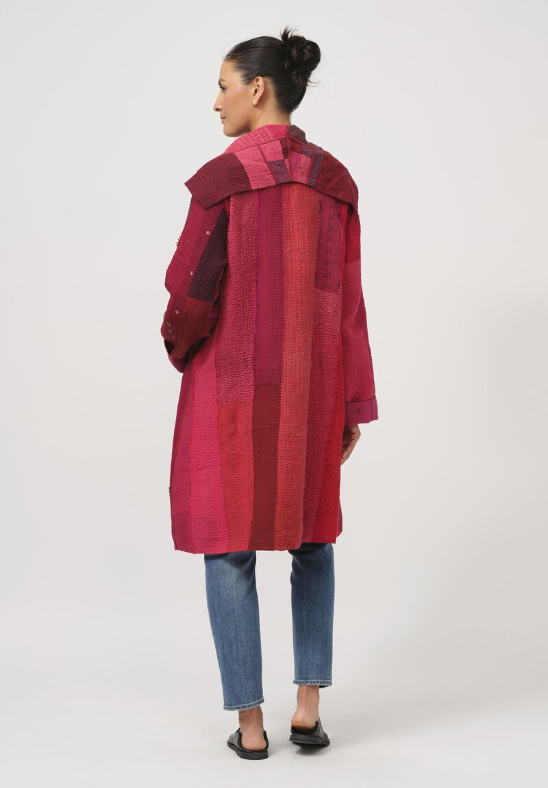 Mieko Mintz Cotton Silk Kantha Coat in Stripe & Check Red	