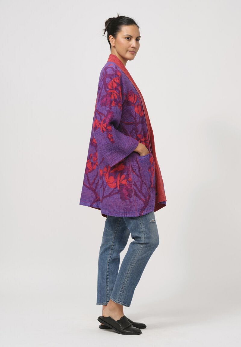 Mieko Mintz Blooming Flowers Kantha A-Line Jacket in Purple & Red	