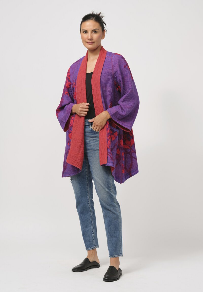 Mieko Mintz Blooming Flowers Kantha A-Line Jacket in Purple & Red	