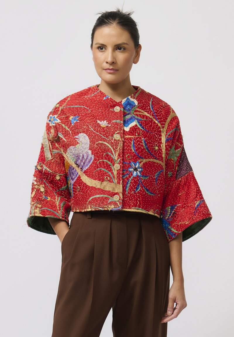 By Walid One-of-a-Kind Antique Silk Bella Jacket in Red & Blue Pheasant	