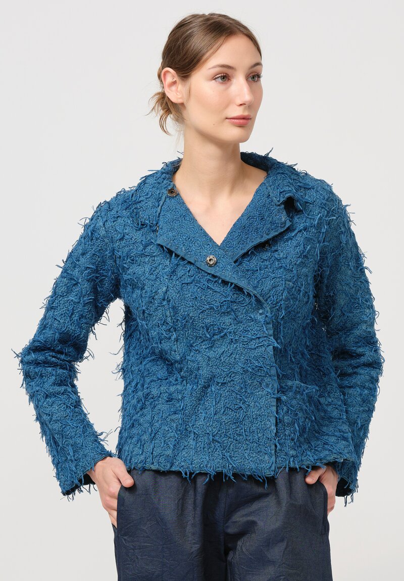 Alabama Chanin "Alabama Fur" Hand-Sewn Double Breasted Jacket in Indigo Blue	