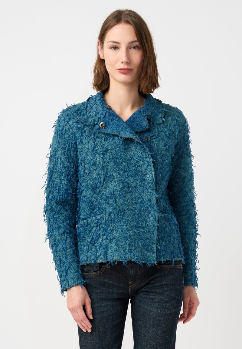 Alabama Chanin "Alabama Fur" Hand-Sewn Double Breasted Jacket in Indigo Blue