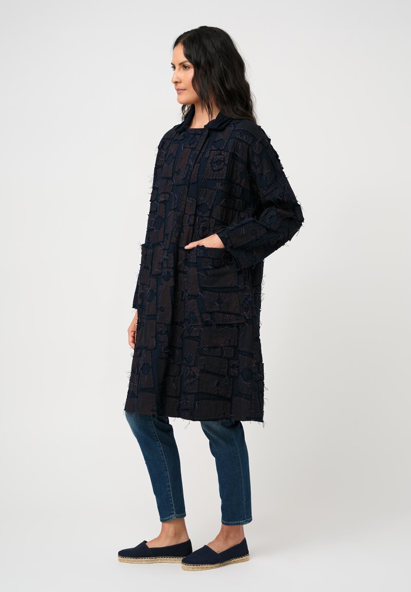 Alabama Chanin Organic Cotton "Abstract Suns" Bold Coat in Rusted Navy Blue