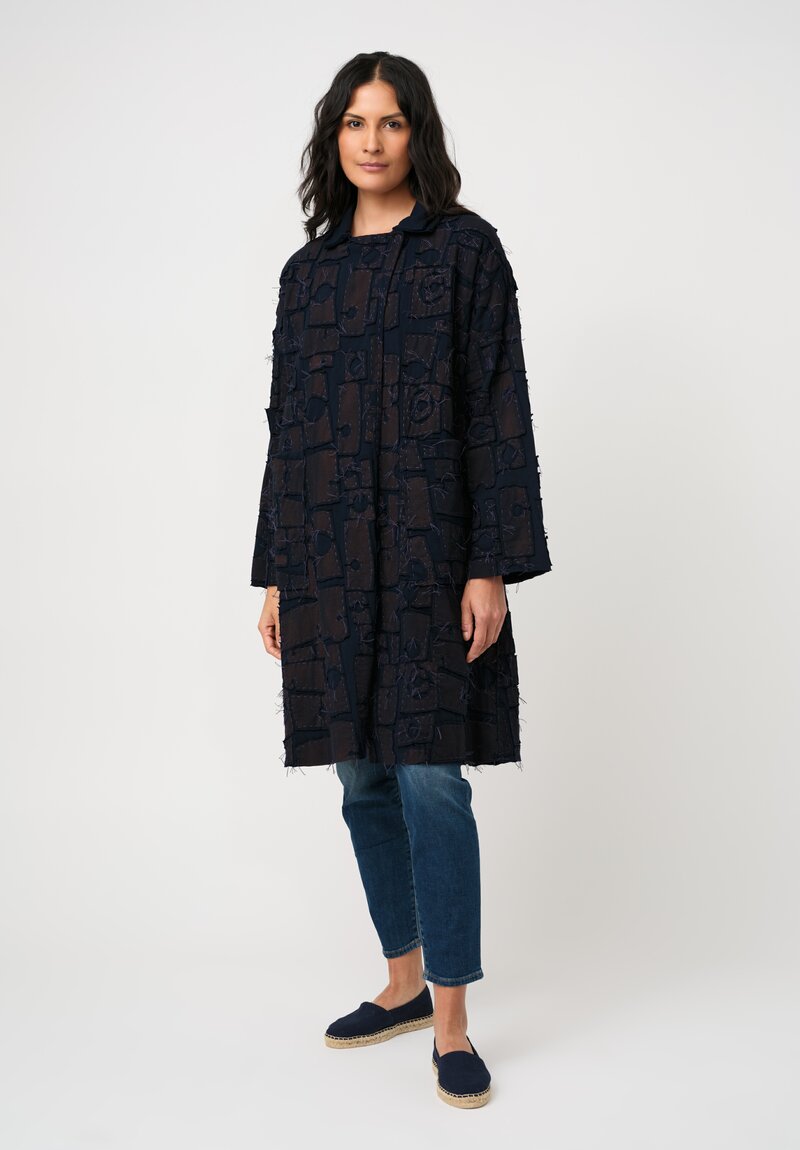 Alabama Chanin Organic Cotton "Abstract Suns" Bold Coat in Rusted Navy Blue