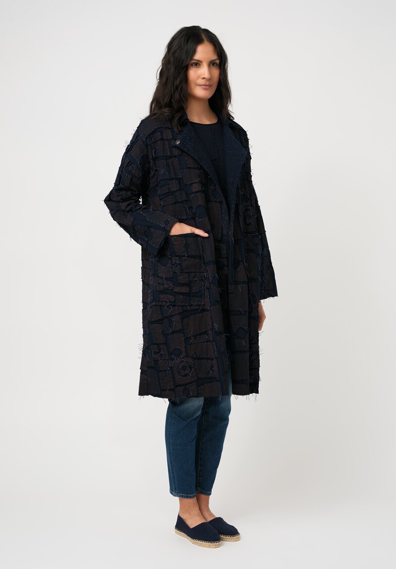 Alabama Chanin Organic Cotton "Abstract Suns" Bold Coat in Rusted Navy Blue