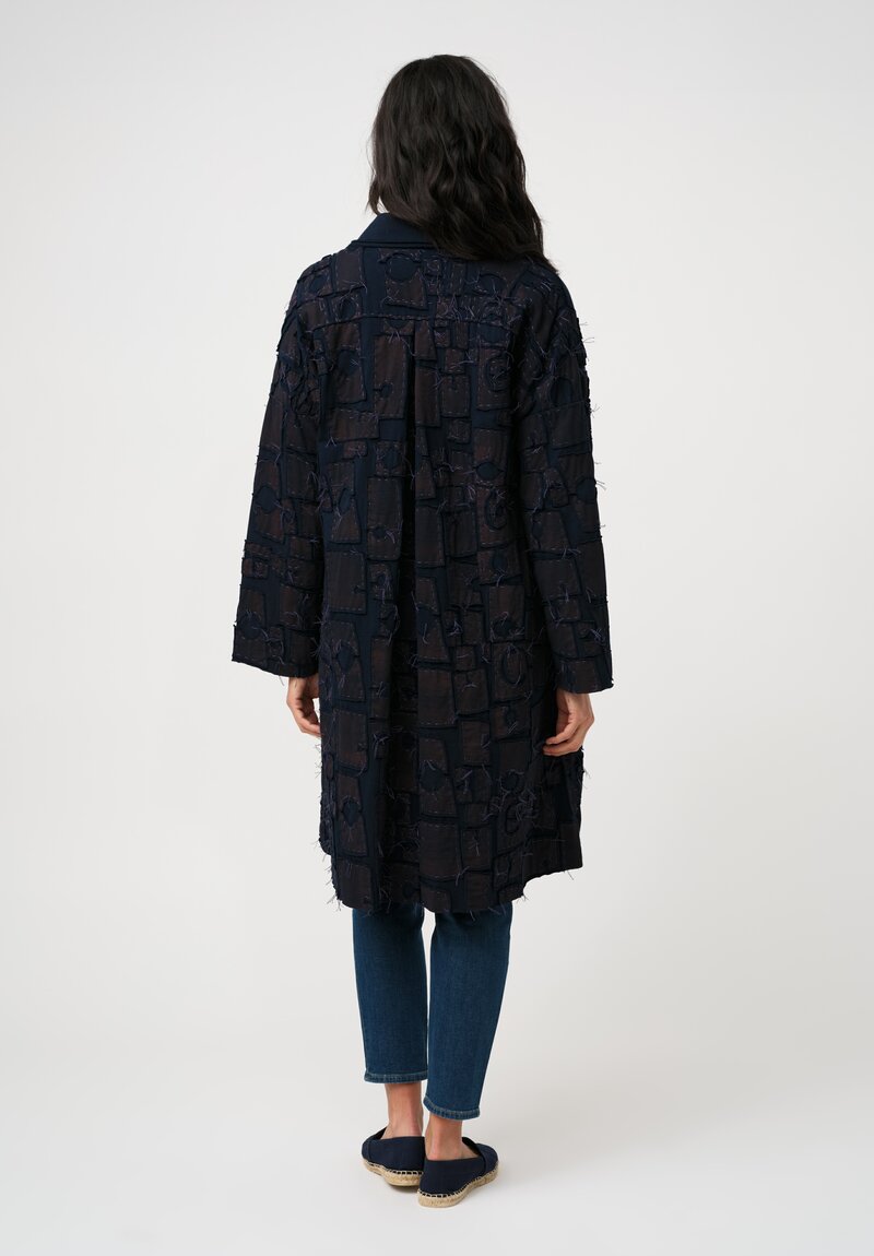 Alabama Chanin Organic Cotton "Abstract Suns" Bold Coat in Rusted Navy Blue