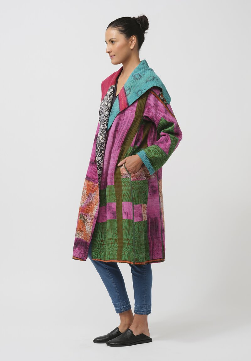 Mieko Mintz Vintage Cotton Kantha A-Line Coat in Pink & Green Hearts	