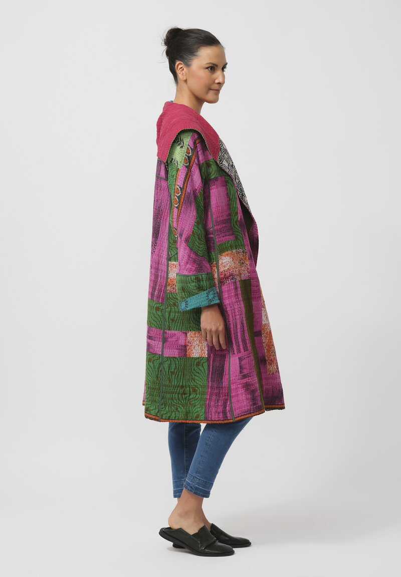 Mieko Mintz Vintage Cotton Kantha A-Line Coat in Pink & Green Hearts	