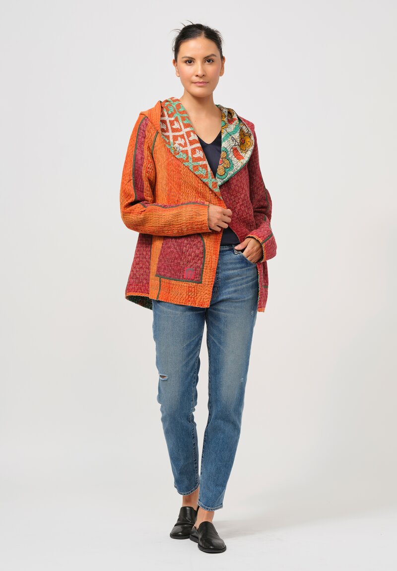 Mieko Mintz 4-Layer Vintage Cotton Kantha Hooded Jacket in Orange & Green Floral	