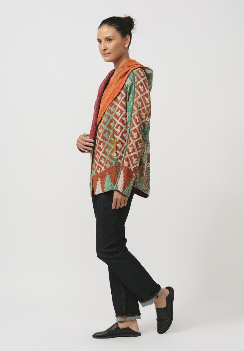 Mieko Mintz 4-Layer Vintage Cotton Kantha Hooded Jacket in Orange & Green Floral	