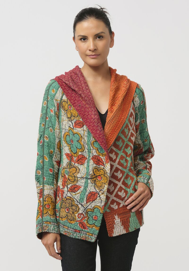 Mieko Mintz 4-Layer Vintage Cotton Kantha Hooded Jacket in Orange & Green Floral	