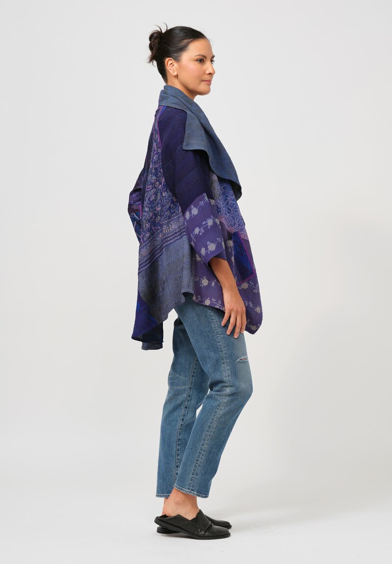 Mieko Mintz Georgette Silk Patch Circular Long Jacket in Blue & Purple Melange	