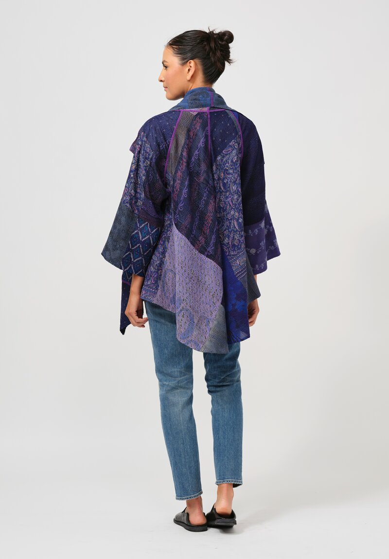 Mieko Mintz Georgette Silk Patch Circular Long Jacket in Blue & Purple Melange	