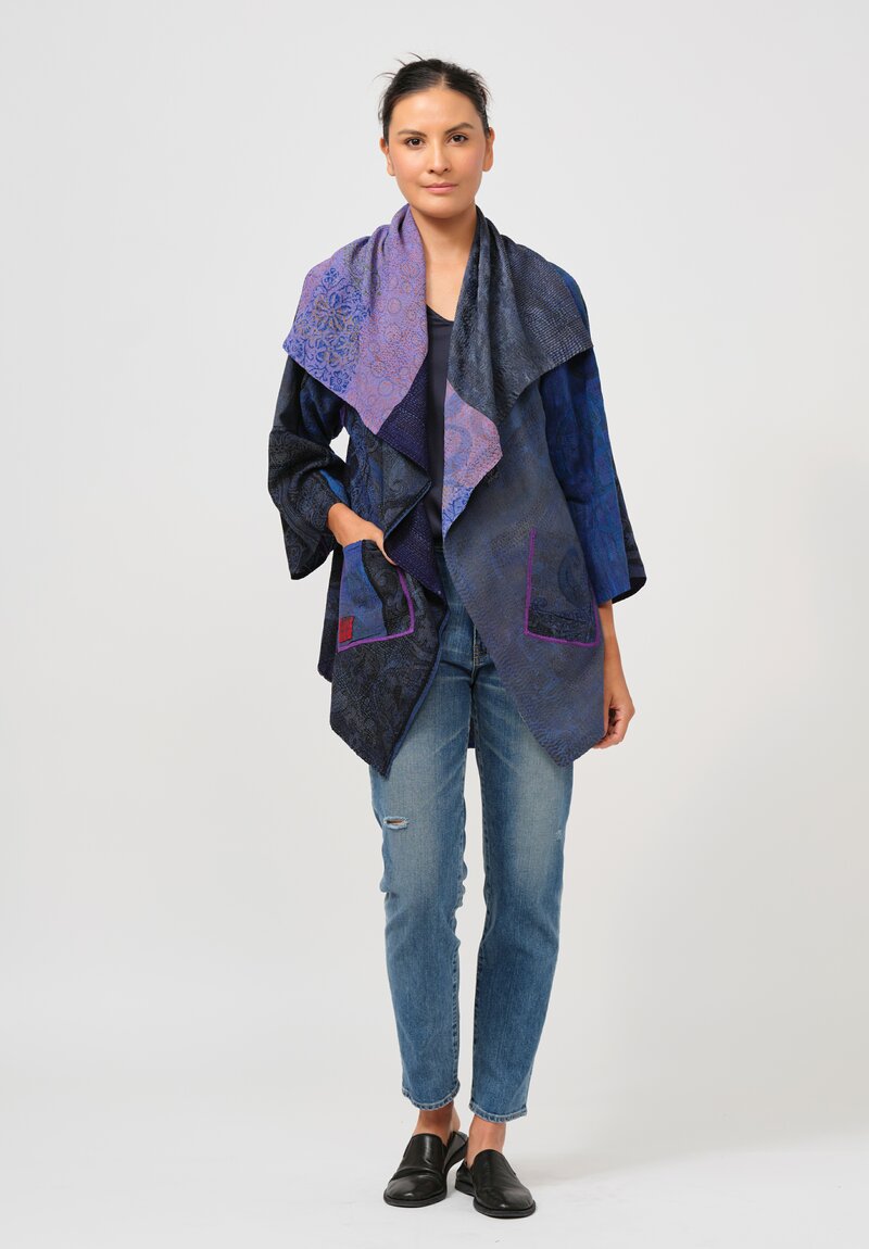 Mieko Mintz Georgette Silk Patch Circular Long Jacket in Blue & Purple Melange	