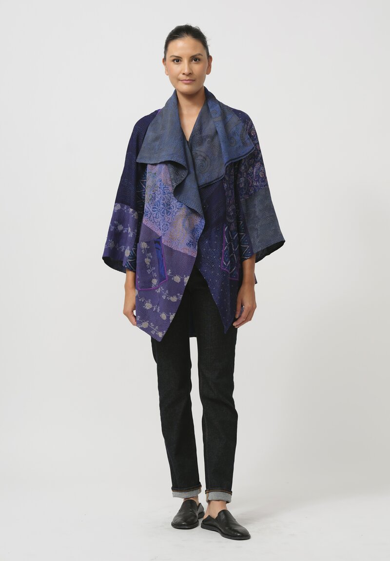 Mieko Mintz Georgette Silk Patch Circular Long Jacket in Blue & Purple Melange	