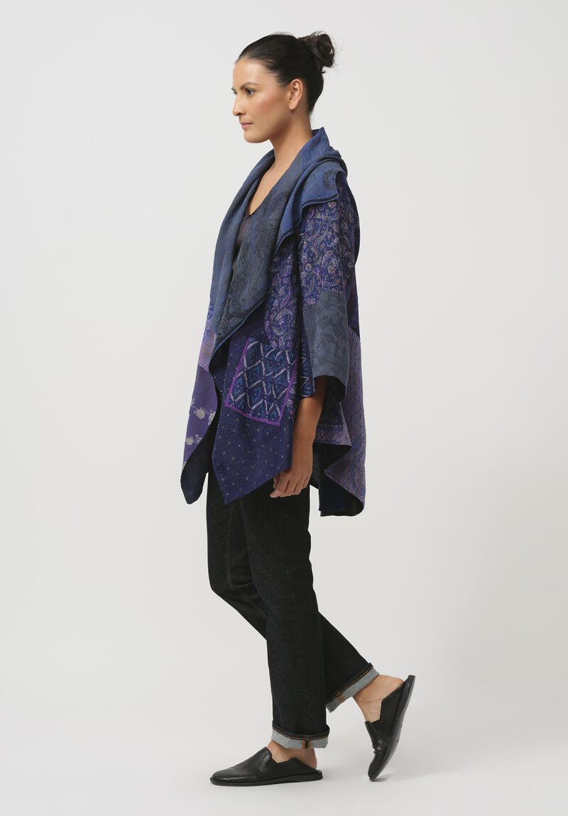 Mieko Mintz Georgette Silk Patch Circular Long Jacket in Blue & Purple Melange	