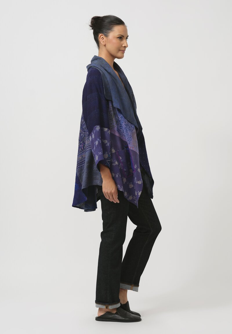 Mieko Mintz Georgette Silk Patch Circular Long Jacket in Blue & Purple Melange	