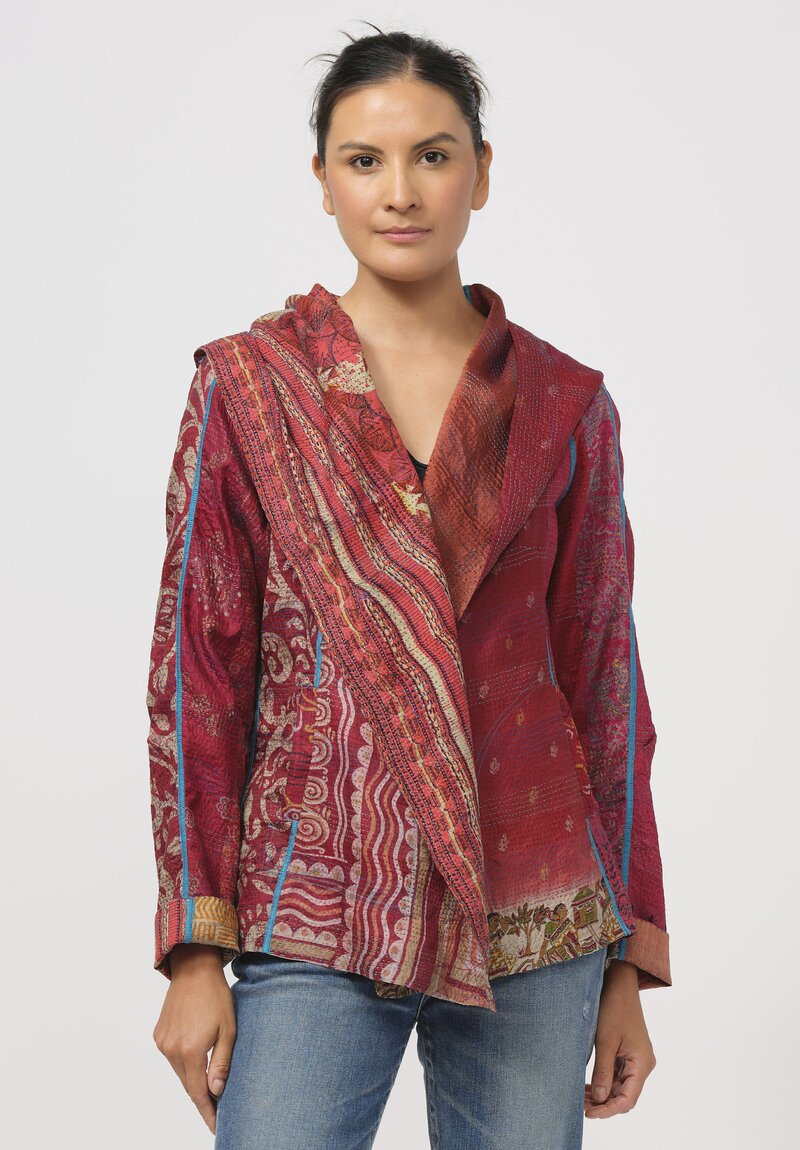 Mieko Mintz Vintage Silk Kantha Hooded Jacket in Red & Orange	