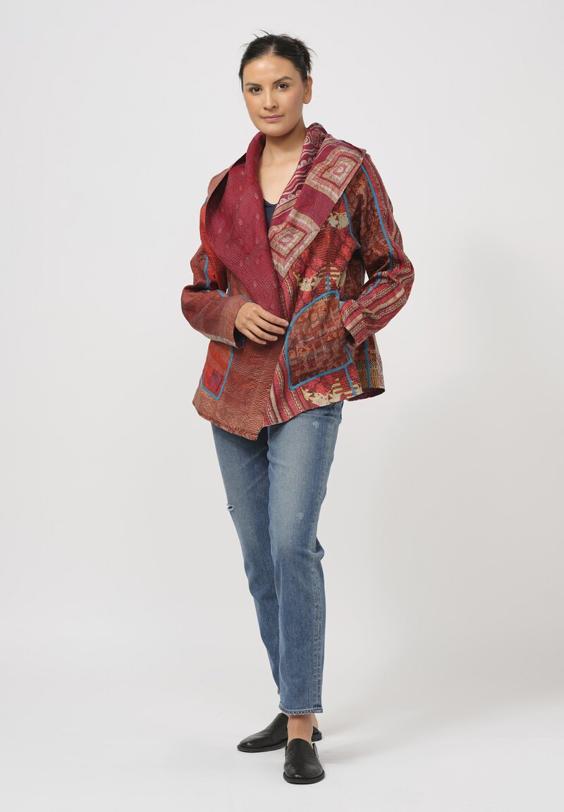 Mieko Mintz Vintage Silk Kantha Hooded Jacket in Red & Orange	