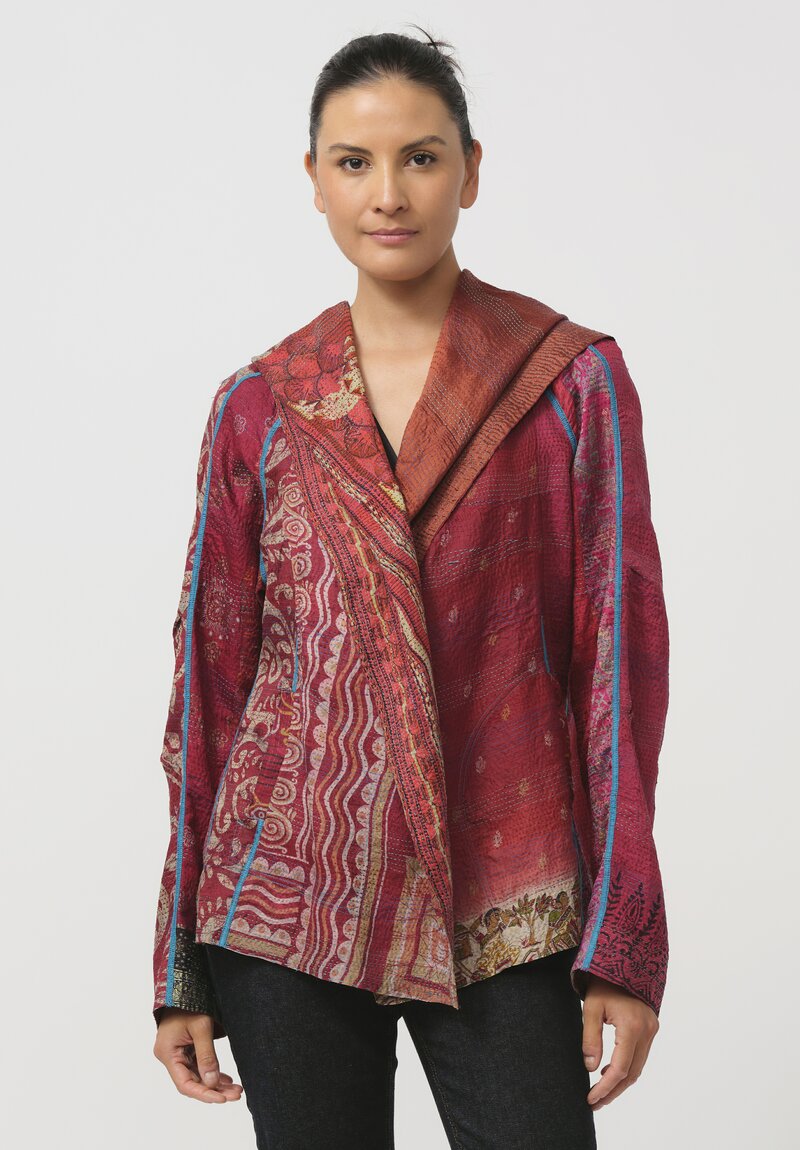 Mieko Mintz Vintage Silk Kantha Hooded Jacket in Red & Orange	