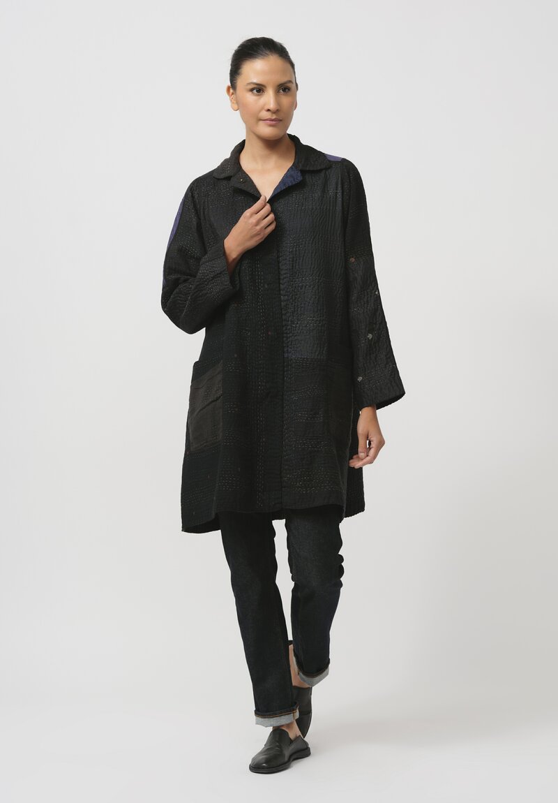 Mieko Mintz Silk & Cotton Jaipur Patch A-Line Duster Coat in Black & Steel Blue	