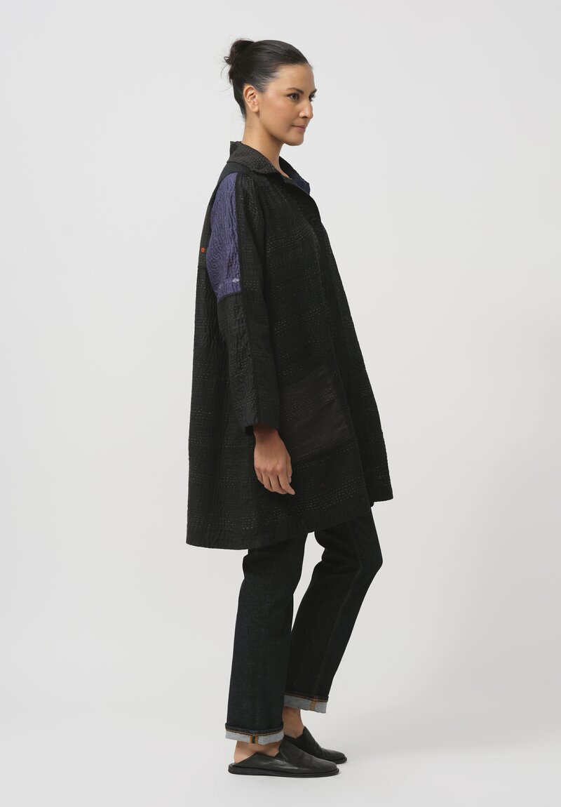 Mieko Mintz Silk & Cotton Jaipur Patch A-Line Duster Coat in Black & Steel Blue	