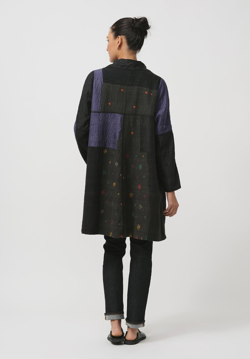 Mieko Mintz Silk & Cotton Jaipur Patch A-Line Duster Coat in Black & Steel Blue	