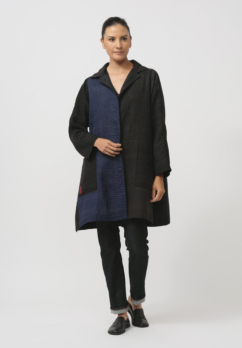 Mieko Mintz Silk & Cotton Jaipur Patch A-Line Duster Coat in Black & Steel Blue	