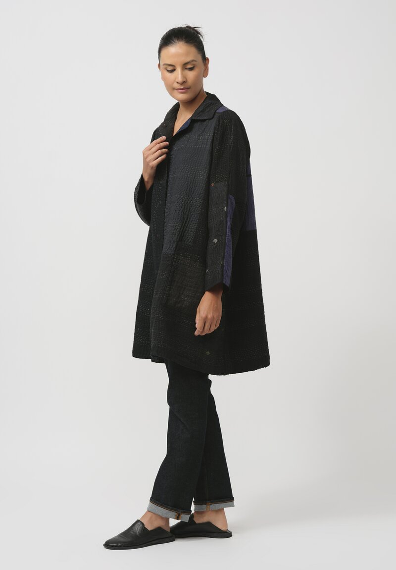 Mieko Mintz Silk & Cotton Jaipur Patch A-Line Duster Coat in Black & Steel Blue	