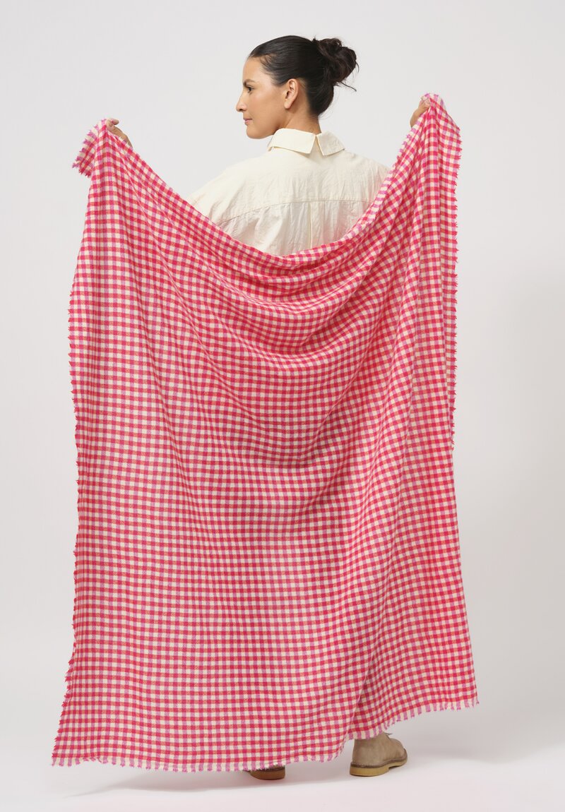 Daniela Gregis Washed Cashmere Checkered Scialle Scarf in Cyclamen Red & White	