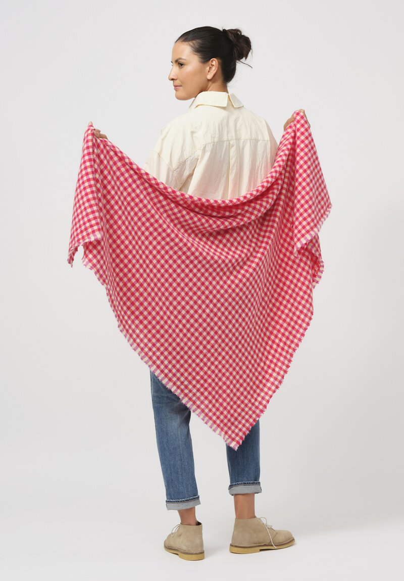 Daniela Gregis Washed Cashmere Checkered Scialle Scarf in Cyclamen Red & White	