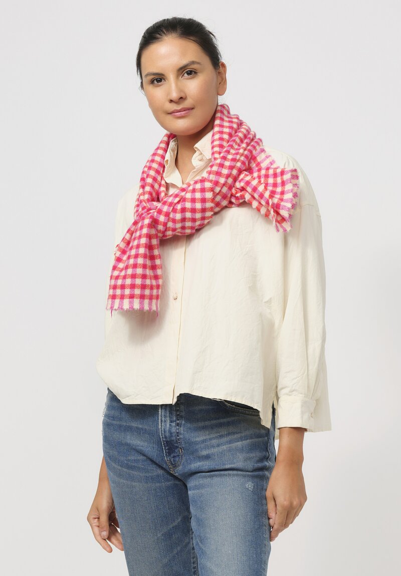 Daniela Gregis Washed Cashmere Checkered Meta Scarf in Cyclamen Red & White	